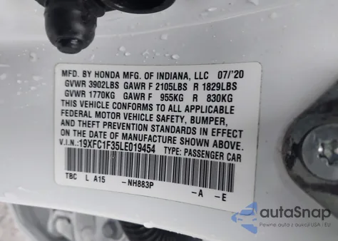 2020 Honda Civic Ex from USA, damaged, VIN 19XFC1F35LE019454